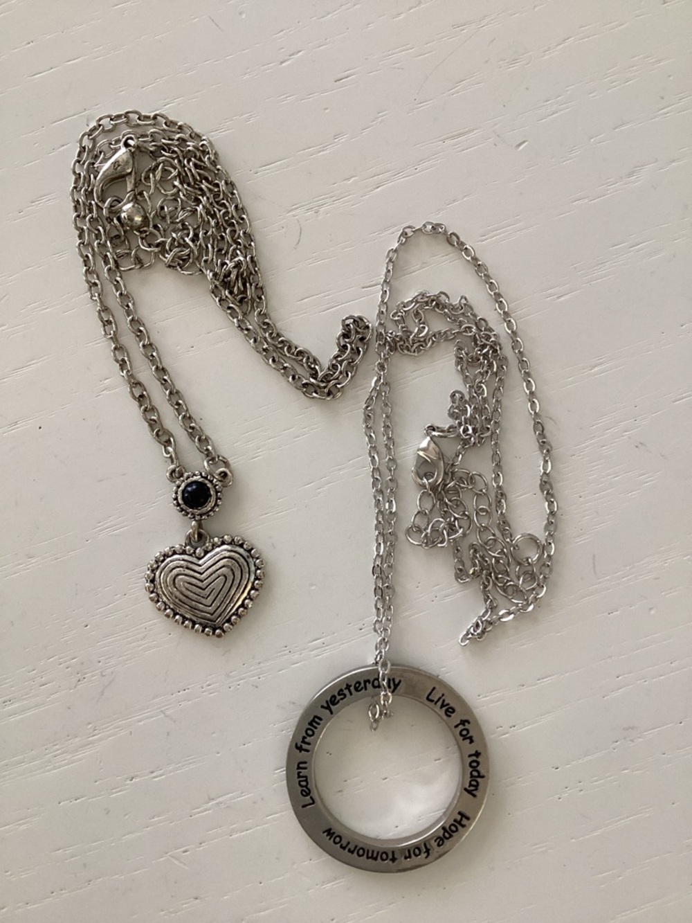 Silver Heart Pendant Necklace and Inspirational Circle Necklace - Silver Tone
